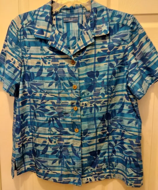 karen scott  Womans sport Shirt Tropical Print Short Sleeve Button Down Size M
