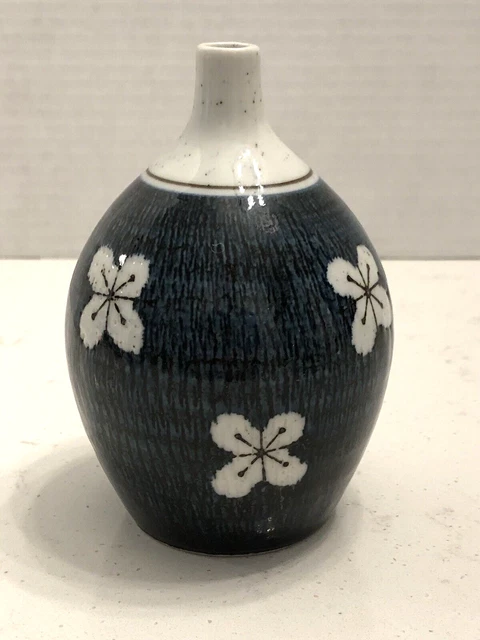 Vintage OMC Japan Otagiri Bud Vase Blue White Floral Weed Pot Stoneware BOHO