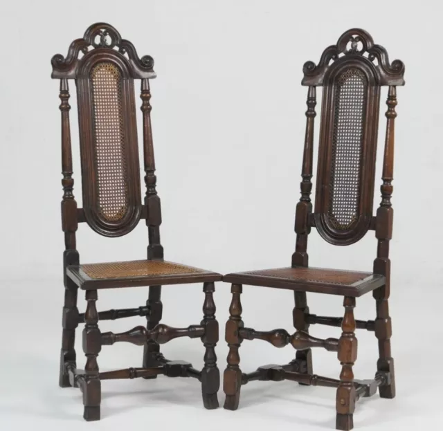 Pair English 17th Century Carved Walnut William & Mary Caned Chair c. 1690 D