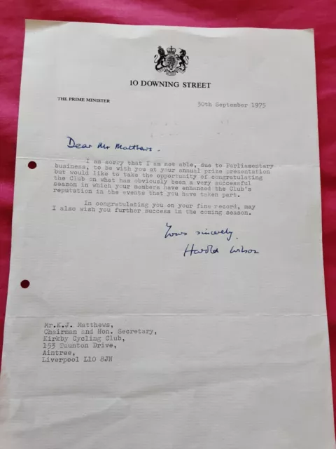 Harold Wilson Handsigned Letter Prime Minister of the UK 10 Downing Street