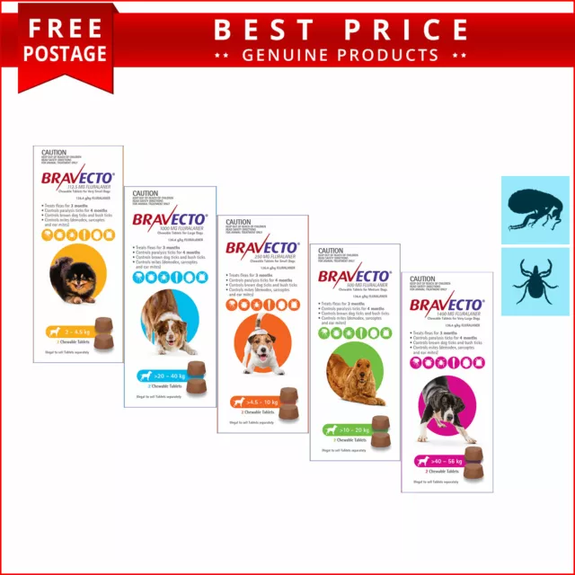 BRAVECTO Chewable 2 Doses for Dogs Flea and Tick Treatment All Sizes FREE Ship