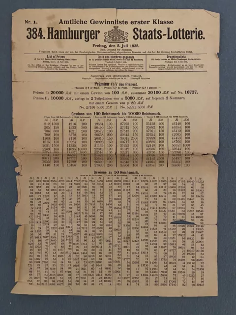 Gewinnliste  Hamburger Staatslotterie 1935