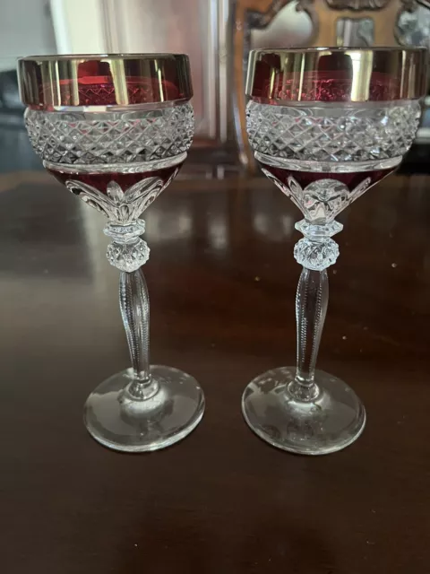 Set of 2 Elegant Val St Lambert Crystal Cordial Liquor Cut to Clear Stemware