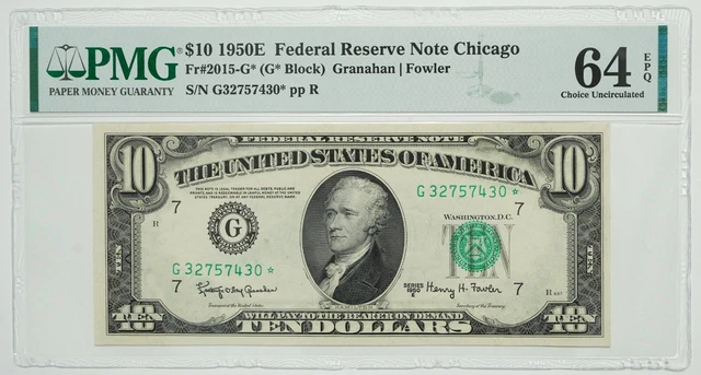 1950 E Series $10 Ten Dollar FRN Fr #2015-G* Granahan/Fowler PMG Graded 64 EPQ