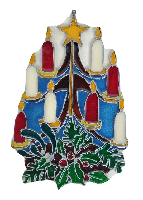 Faux Stained Glass Christmas Candle Metal Plastic Hanging Window Decoration 11"