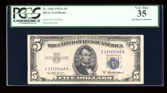 DBR 1953-A $5 Silver Fr. 1656 EA Block PCGS 35 Serial E13725148A
