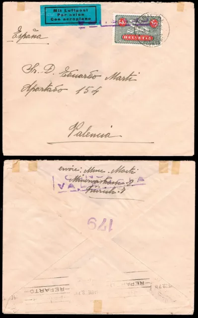 Suiza - Yv A 9 - 1938 - Sobre correo aéreo de Zurich a Valencia + censura