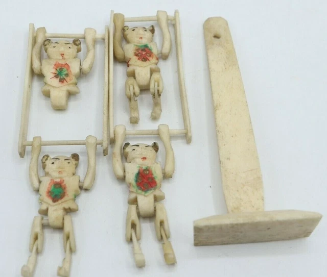 Antique Japanese Figurines Miniature Carved Trapeze Men with Stand Rare Painted