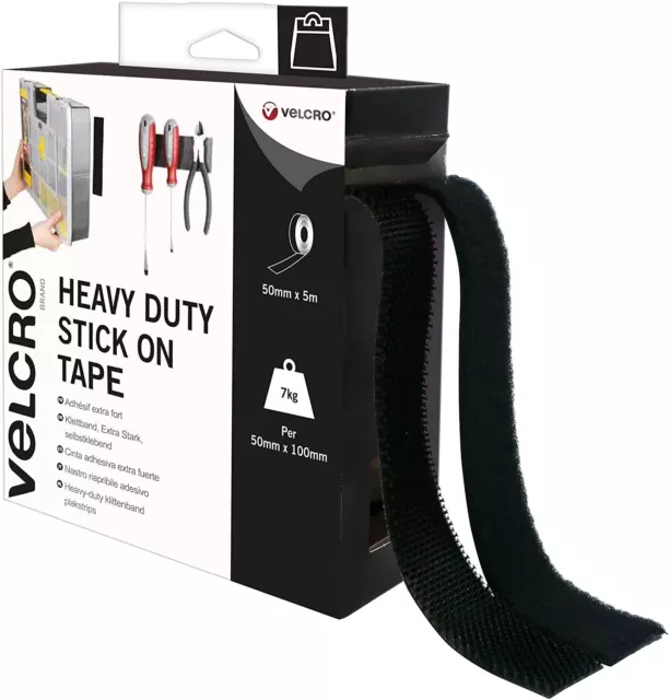 VELCRO Brand Heavy Duty Stick On Black Tape 50mm x 1m, Hook and Loop Tape  Self Adhesive Strips Fastener Roll & VELCRO Brand 2pk Heavy Duty White  Stick