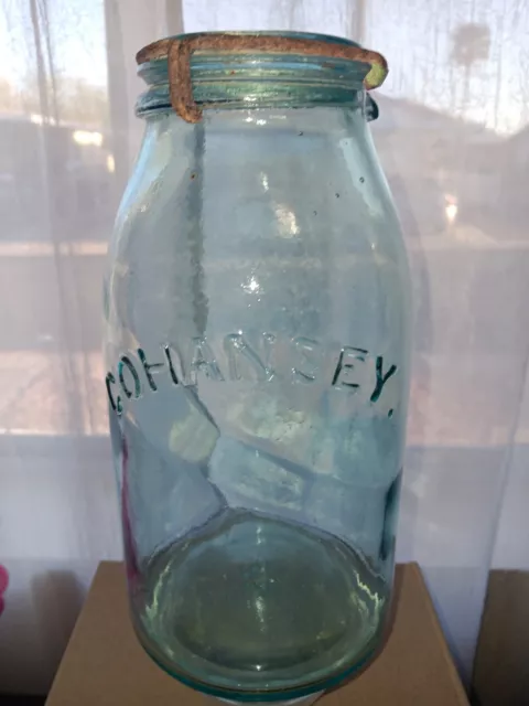 COHANSEY Aqua Half Gallon Fruit Jar with orig. lid great condition