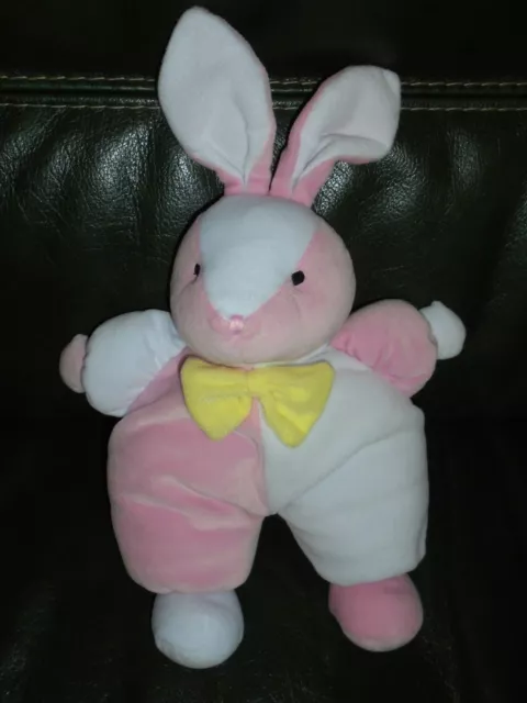 Doudou Peluche Lapin Grelot Blanc et Rose Noeud Papillon Jaune Petipouce