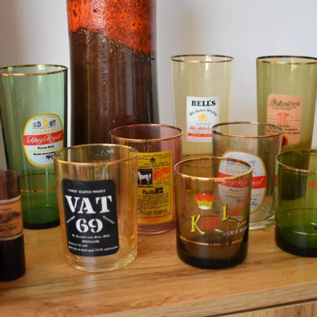 Juego de vasos cristal serigrafiados años 60 marcas de whisky vintage autentico