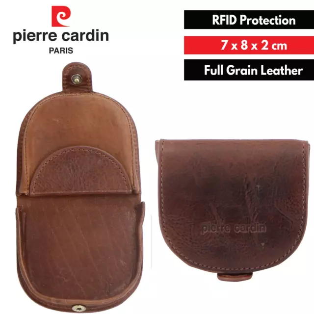 Pierre Cardin Italian Leather Coin Purse Genuine Wallet RFID Protection - Cognac