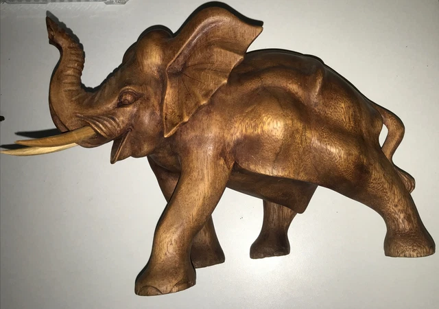 Large Wooden Hand Carved Walking Elephant Statue Figurine Sculpture Handmade