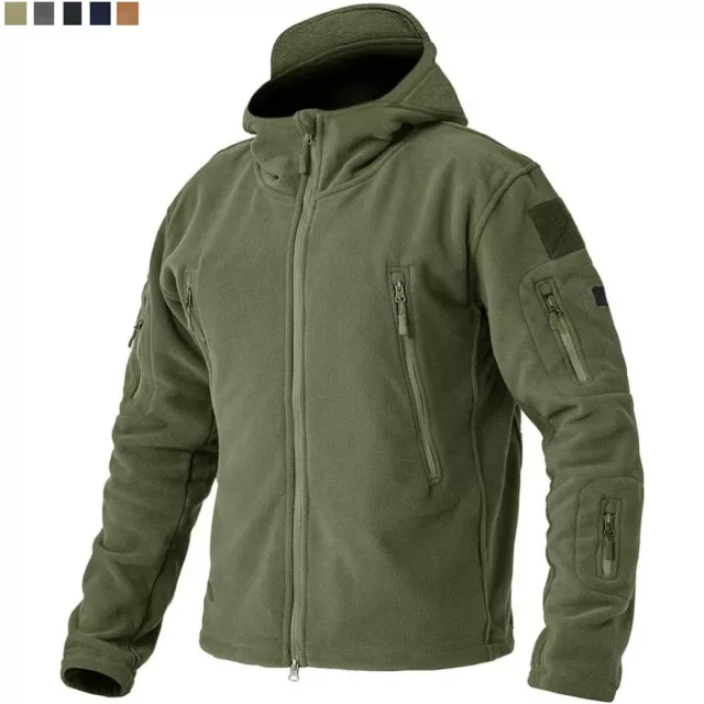 Men's Tactical Fleece Jacket Full-Zip Up Outdoor Windproof Hooded Warm Work Coat