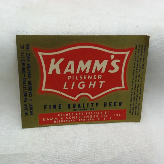 1940 Kamm & Schellinger Kamm's Pilsner Light IRTP gold foil 12oz beer label