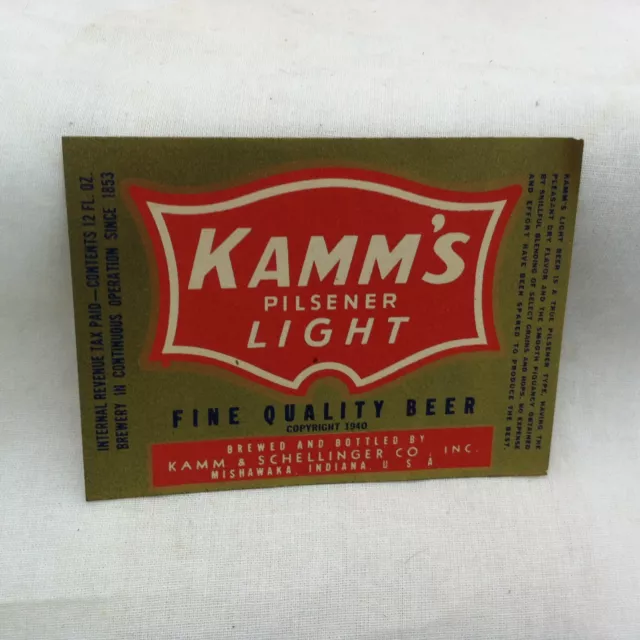 1940 Kamm & Schellinger Kamm's Pilsner Light IRTP gold foil 12oz beer label