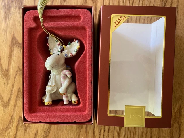 LENOX Annual Christmas Ornament Marcel Merry Moose Backpack Candy Cane 2009