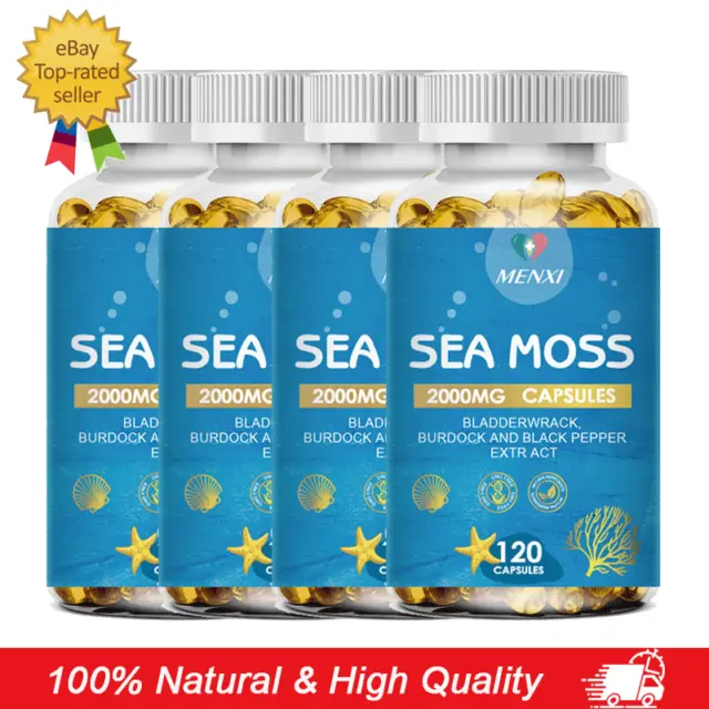 Organic Sea Moss Capsules, Irish Sea Moss, bladderwrack & Burdock Root 120 Pills