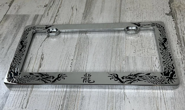 VTG Engraved Chinese Fire Breathing Dragon License Plate Holder Black Chrome