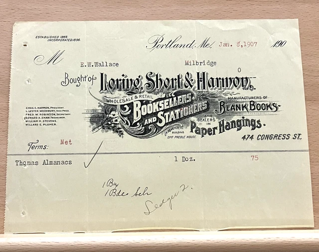 VTG 1907 Billhead Loring, Short & Harmony Booksellers Stationers Portland Maine