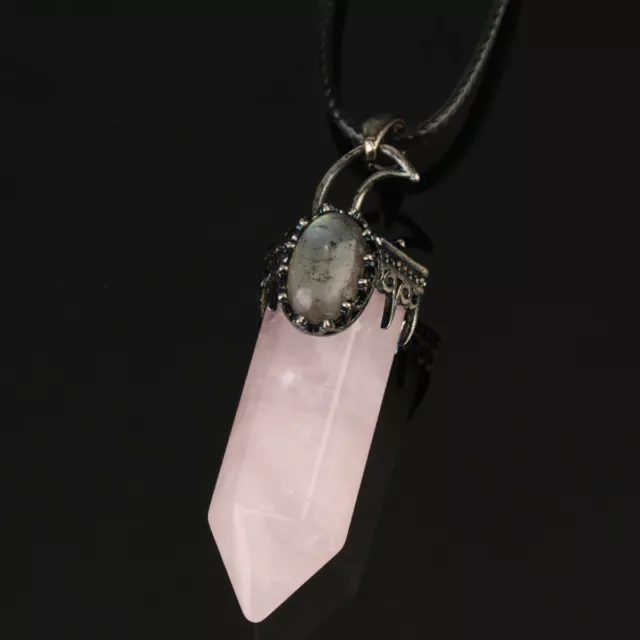 Natural Crystal Quartz Point & Labradorite Necklace with Moon Pendant Protection
