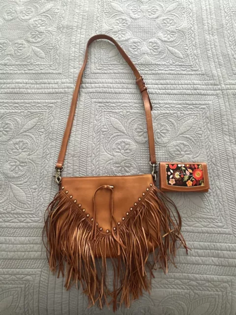 Brown Leather Western Fringe Crossbody Purse And Wallet Coordinating Set