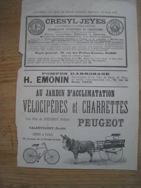 Publicité PEUGEOT 1892 "Vélocipèdes et Charrettes Peugeot" VALENTIGNEY Doubs 25
