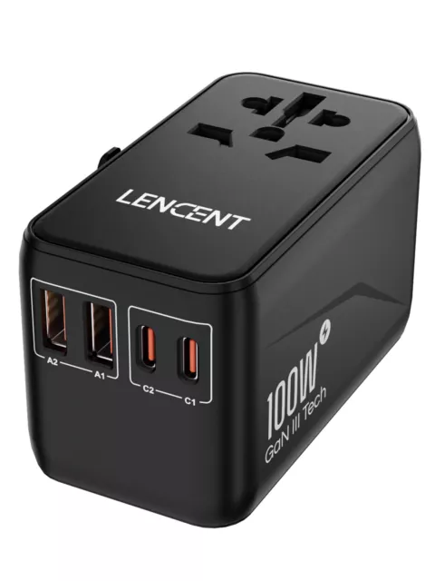 LENCENT Universal Travel Adapter EU UK US AU w/ USB C PD 100W Super Fast Charger