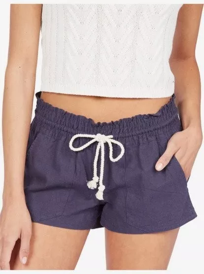 Roxy Oceanside Navy Blue Linen Blend Drawstring Shorts M VGUC