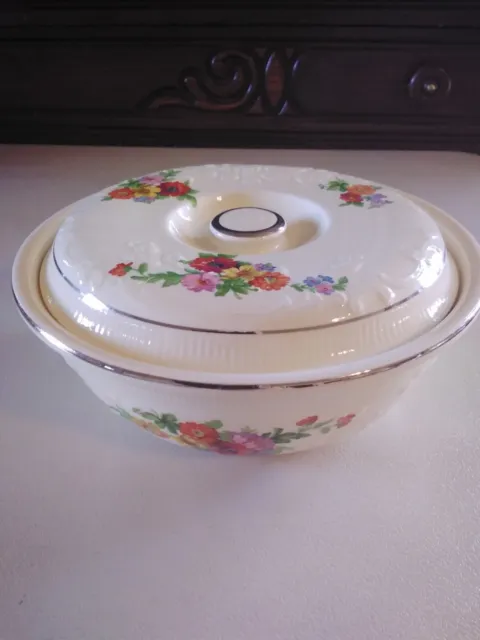 V Homer Laughlin Oven Serve Casserole Dish With Lid Floral Design With Silver...