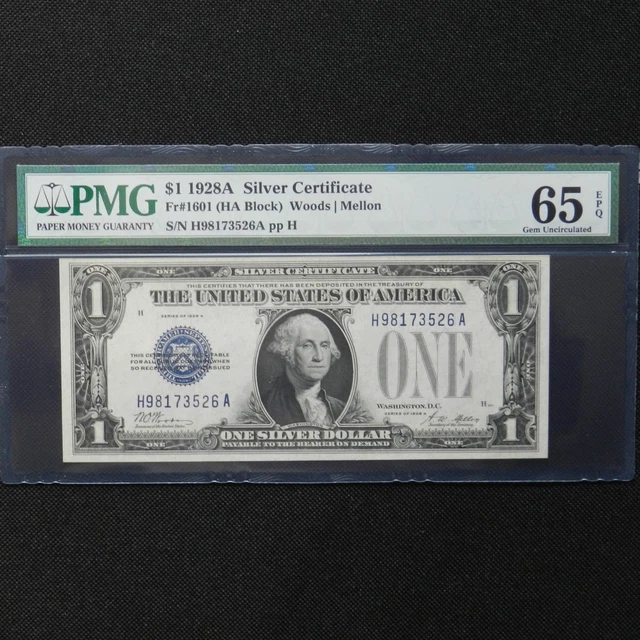 $1 1928 A Silver Cert. PMG 65 EPQ Fr#1601 (HA Block) Woods/Mellon, Funny Back