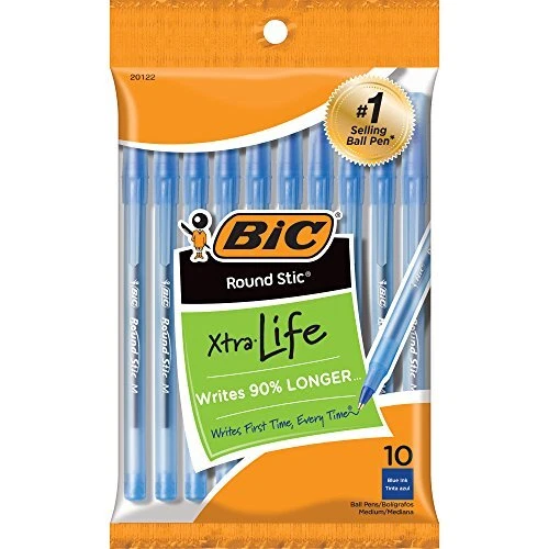 Round Stic Xtra Life Blue Ballpoint Pens, Medium Point (1.0mm), 10-Count Pack