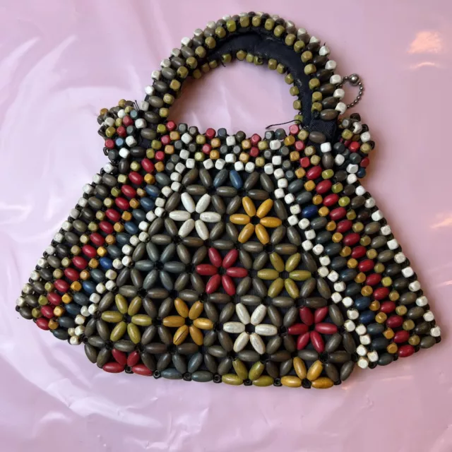 Vintage 1930’s ? Czech Multicolor Wooden Beaded Purse With Flowers Suzanne Small