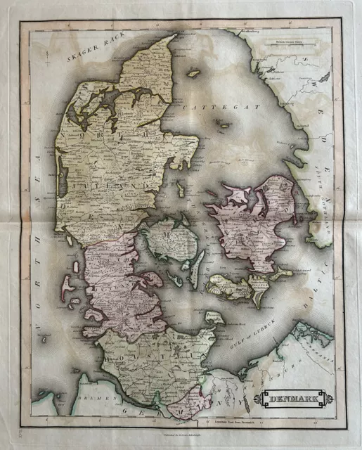 1831 Denmark by Daniel Lizars Large Hand Coloured  Antique Map