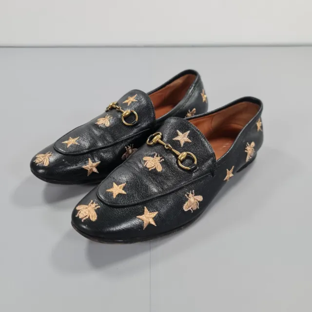 GUCCI Mens Leather Shoes Black 39 Jordaan Embroidered Bee Horsebit Slip On