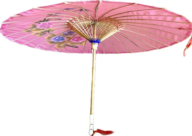 Satin Parasol Vintage Bamboo Handle Pink W Painted Cherry Blossom