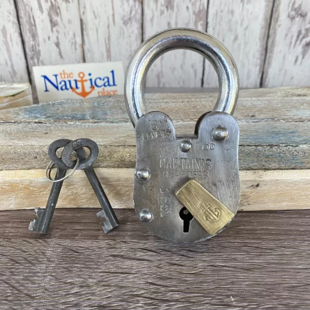 Old Style Iron Lock and Keys w/ Brass Keyhole Cover - Silver -Captain's Quarters