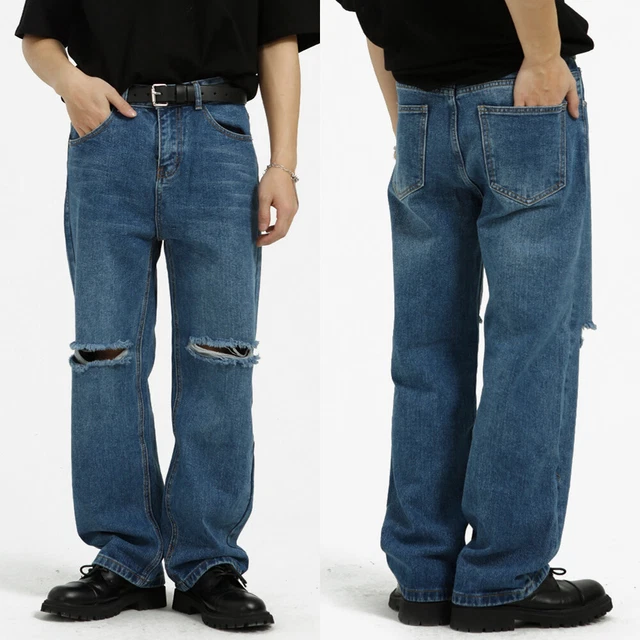 Uomo Strappato Al Ginocchio Foro Pantaloni Denim Larga Gamba Svasati Jeans
