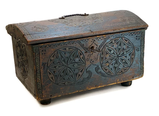 18th Century German - Dutch Hand Carved Wood Chest Box or Trunk w. Iron Mounts