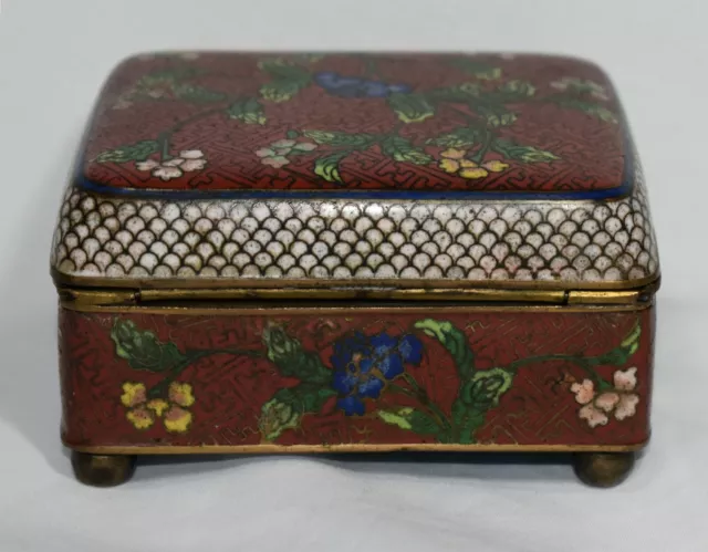 Vintage Chinese/Japanese Red Cloisonne Trinket Box-Pink Blue & Yellow Floral 3