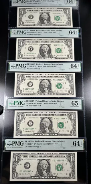 Lot of 5 Consecutive Star Federal Reserve Notes PMG 64 and 65 EPQ fr 1931-F* ATL