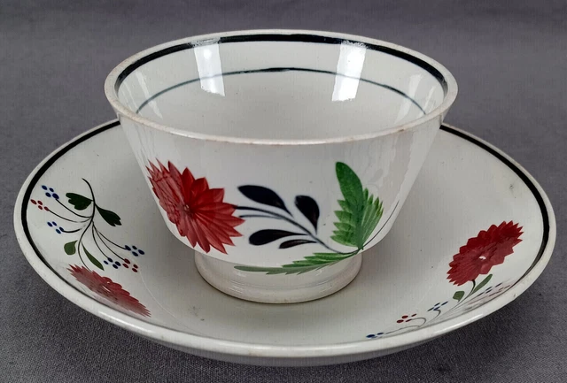 British Hand Enameled Red Floral & Black Trim Pearlware Tea Bowl & Saucer