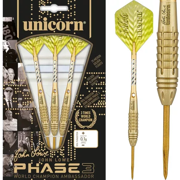 25 Gram John Lowe Unicorn Phase 3 90% Tungsten Wc Gold Steel Tip Darts