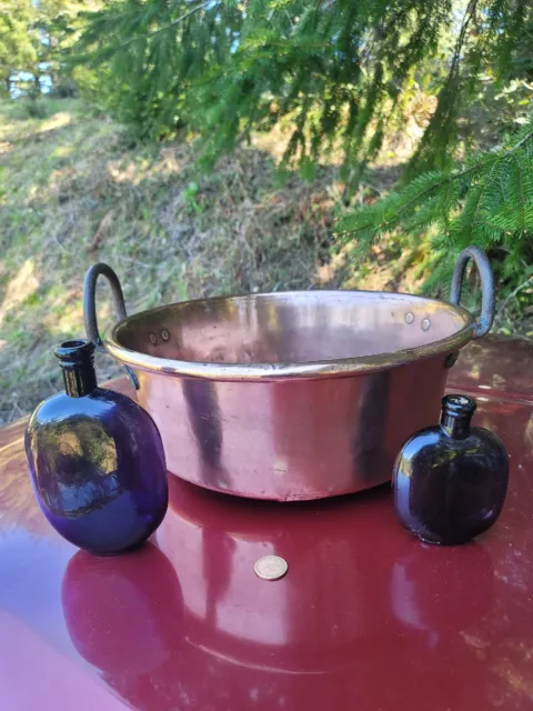 Pretty French Copper Jelly Pan☆ Old Burgundy Jam Pot◇6.375 Pounds! Iron Handles