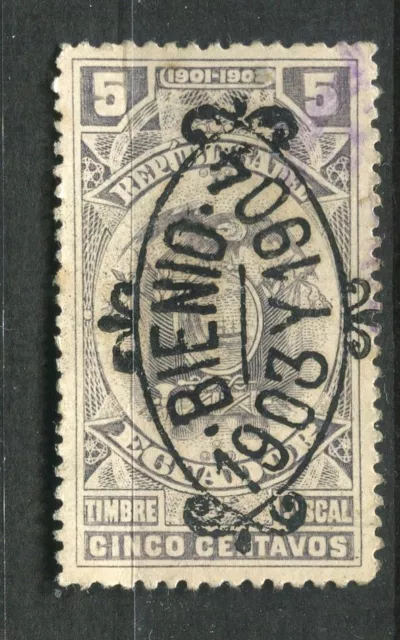 ECUADOR; 1904 early classic Fiscal issue fine used 5c. Bienio Optd.