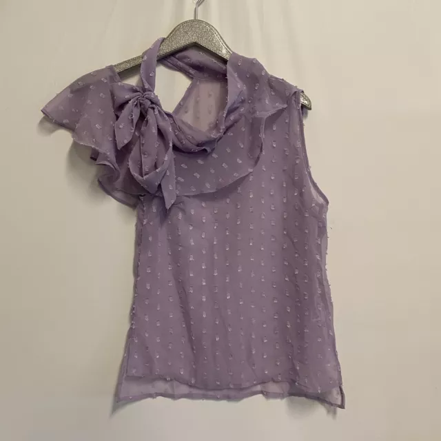 NEW Asos Sheer Purple Swiss Dot Tie Neck Ruffle Cold Shoulder Top Size 4