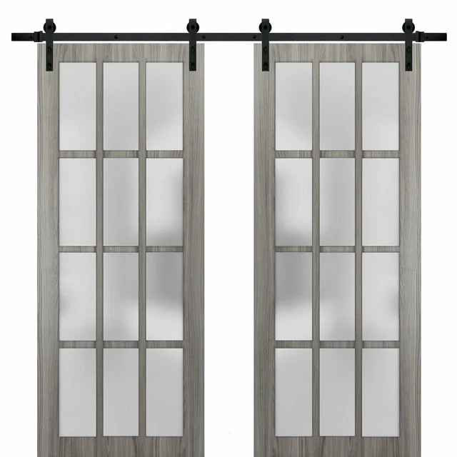 60" x 80" Gray Double Barn Door with Frosted Glass | Felicia 3312 Ginger Ash
