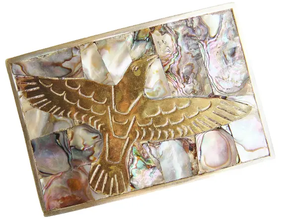Mexico Brass Southwestern Bird Abalone Inlay Silver Tone Metal Belt Buckle Vtg