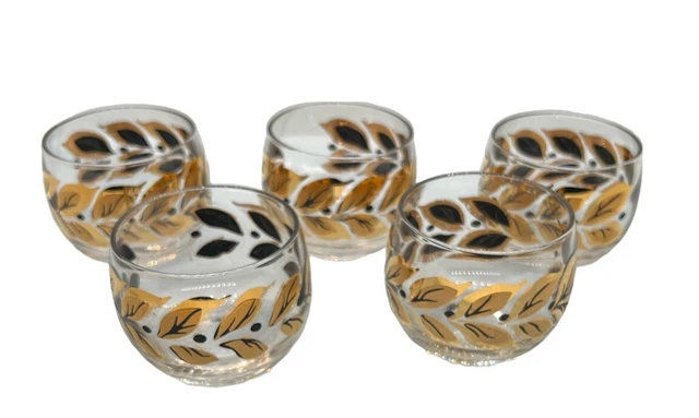 VTG Sm Roly Poly Glasses Set Of 5 Gold, Black Laurel Leaf Mid Century